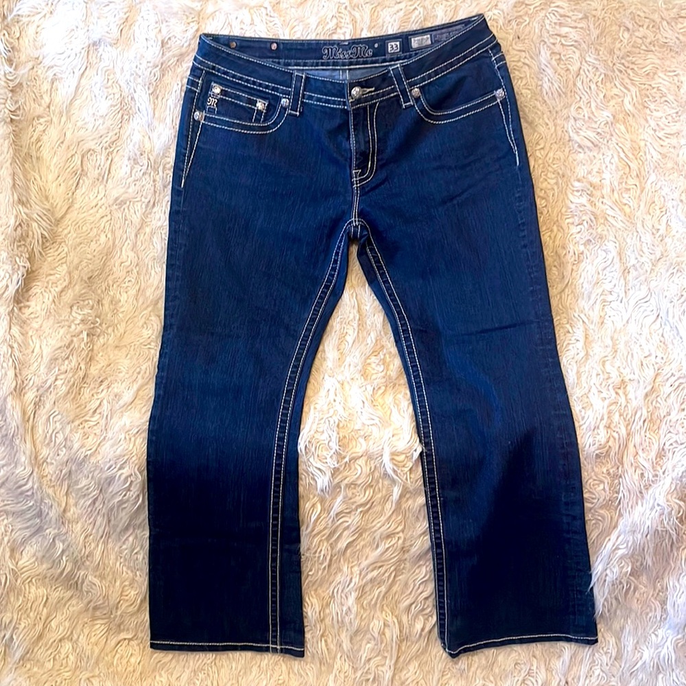 Miss Me NWOT size 33, dark wash, mid rise boot cut, inseam 30”, waist flat 18”